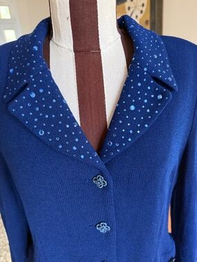 VTG St John Evening Santana Knit Blue Skirt Suit Rhinestone Embellished Size 10